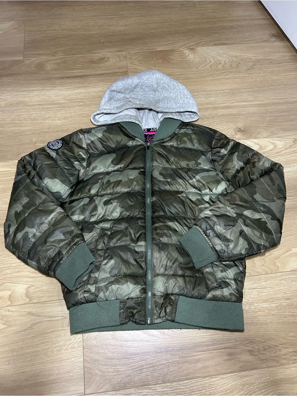 Justice Girls' Olive Camo Puffer Jacket with Gray Hood